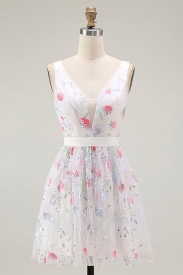 Sparkly Floral White V-Neck Backless A Line Sequin Cocktail Dress